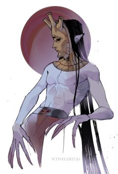 1boy artist_name belt black_belt black_hair claws colored_skin commentary cowboy_shot dagoth_ur dagoth_ur's_mask dunmer english_commentary fingernails gold_necklace grey_skin highres jewelry long_fingernails long_hair male_focus mask necklace pointy_ears red_background red_loincloth schneller_tod the_elder_scrolls the_elder_scrolls_iii:_morrowind third_eye topless_male very_long_hair white_background