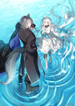 Rule 34 | 1boy, 1girl, absurdres, animal ears, black coat, blonde hair, blue eyes, coat, dress, grey hair, grey tail, highres, jewelry, long hair, looking at viewer, non-web source, open mouth, original, very long hair, wading, white dress, white hair, yunikon