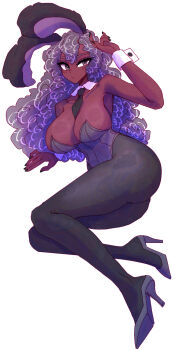 1girl absurdres animal_ears arm_up bigscaryartist1 black_nails black_necktie black_pantyhose breasts closed_mouth collarbone commentary curly_hair dark-skinned_female dark_skin detached_collar english_commentary eyelashes fingernails full_body high_heels highres leotard long_hair nail_polish necktie original pantyhose playboy_bunny purple_eyes purple_hair purple_leotard purple_shoes rabbit_ears rabbit_girl shoes simple_background solo strapless strapless_leotard very_dark_skin white_background wrist_cuffs