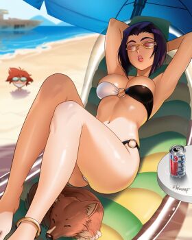 Rule 34 | 2girls, anklet, armpits, arms behind head, bare legs, barefoot, beach, beach umbrella, bebop (cowboy bebop), bikini, black bikini, blurry, blurry background, brand name imitation, breasts, brown hair, buried, can, closed eyes, commentary, cowboy bebop, day, dog, drink can, edward wong hau pepelu tivrusky iv, ein (cowboy bebop), english commentary, faye valentine, feet, grin, highres, jewelry, knees up, large breasts, legs, lying, multicolored bikini, multiple girls, navel, o-ring, o-ring bikini, o-ring bottom, o-ring top, ocean, on back, outdoors, parted lips, pepsi, pink-tinted eyewear, purple hair, sand, shore, short hair, sleeping, smile, soda can, solo focus, spacecraft, strapless, strapless bikini, sunglasses, swimsuit, thighs, tinted eyewear, twitter username, two-tone bikini, umbrella, water, welsh corgi, white bikini, wuoarf, yellow-framed eyewear