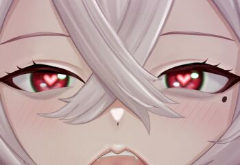 1girl assertive_female azur_lane blush fur_trim gangut_(azur_lane) hair_between_eyes hat heart heart-shaped_pupils highres kiss long_hair mikumaushi military military_uniform mole mole_under_eye naval_uniform pov red_eyes symbol-shaped_pupils white_hair white_hat