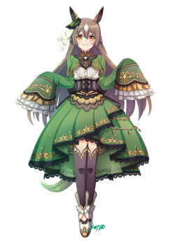 1girl absurdres animal_ears ascot black_thighhighs blush bow braid breasts brown_ascot brown_eyes brown_hair closed_mouth commentary_request double-parted_bangs dress ear_ornament ear_ribbon frills full_body green_dress green_jacket hair_between_eyes half_up_braid high-low_skirt highres horse_ears horse_girl horse_tail jacket konsu_(konsu1182da) long_hair long_sleeves looking_at_viewer multicolored_hair satono_diamond_(natural_brilliance)_(umamusume) satono_diamond_(umamusume) shoes simple_background sleeves_past_fingers sleeves_past_wrists smile solo streaked_hair tail thighhighs umamusume very_long_hair white_background