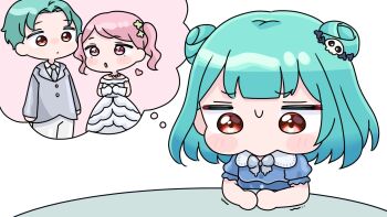 1boy 2girls blue_dress blush_stickers bow bride brother_and_sister chibi closed_mouth collared_shirt double_bun dress elbow_gloves forehead gloves green_hair grey_bow grey_jacket grey_necktie grey_pants groom hair_bun hair_ornament heart highres hololive imagining jacket mochimiko multiple_girls necktie pants parted_lips pink_eyes pink_hair puffy_short_sleeves puffy_sleeves red_eyes shirt short_sleeves siblings skull_hair_ornament trembling twintails uruha_rushia virtual_youtuber wedding_dress white_dress white_gloves white_shirt yurie_mouth
