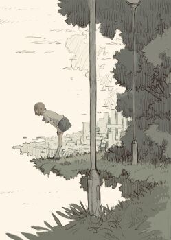 1girl absurdres bent_over brown_hair city cliff commentary_request from_side full_body grey_skirt hand_on_own_knee highres lamppost miniskirt mujinkissa muted_color original outdoors profile school_uniform sepia shirt short_hair short_sleeves skirt solo standing surreal white_shirt