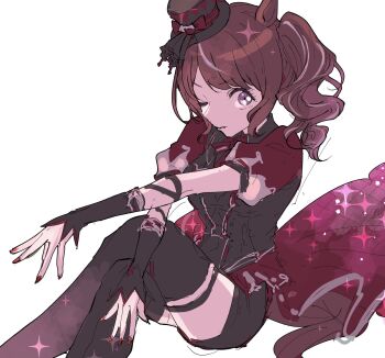 1girl animal_ears bat_hat_ornament black_shirt black_shorts black_thighhighs breasts brown_hair closed_mouth halloween halloween_costume hat highres horse_ears horse_girl long_hair looking_at_viewer official_alternate_costume ponytail puffy_short_sleeves puffy_sleeves purple_nails red_nails shirt short_sleeves shorts simple_background solo sonabaija thighhighs top_hat tosen_jordan_(highkey_hallowed)_(umamusume) tosen_jordan_(umamusume) umamusume white_background