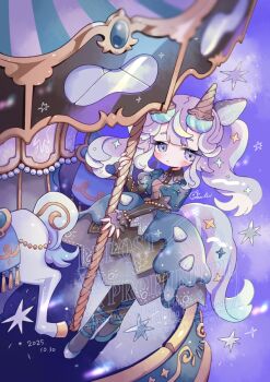 1girl ankle_lace-up black_pantyhose blush carousel closed_mouth commentary_request dated dress full_body green_dress green_shoes juliet_sleeves long_hair long_sleeves mochimura_sorata multicolored_hair original pantyhose puffy_sleeves purple_background purple_eyes purple_hair shoes signature sleeves_past_wrists solo sparkle standing streaked_hair thick_eyebrows two-tone_hair watermark white_hair