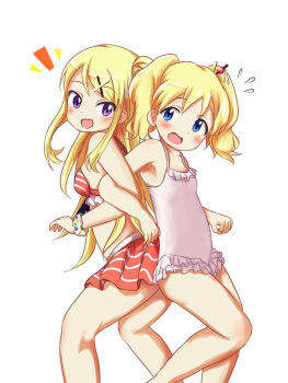 Rule 34 | 2girls, alice cartelet, back-to-back, bad id, bad pixiv id, bare shoulders, bikini, bikini skirt, blonde hair, blue eyes, blush, breasts, collarbone, commentary request, dot nose, feet out of frame, forehead, frilled one-piece swimsuit, frills, from side, hair ornament, highres, kin-iro mosaic, kujou karen, locked arms, long hair, looking at viewer, looking to the side, medium breasts, multiple girls, one-piece swimsuit, open mouth, purple eyes, red bikini, scrunchie, short hair, sidelocks, simple background, small breasts, smile, striped bikini, striped clothes, swimsuit, thighs, twintails, wata niki, white background, white one-piece swimsuit, x hair ornament