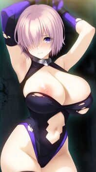 1girl armpits arms_up black_leotard blush bound bound_wrists breasts cleavage cleavage_cutout closed_mouth clothing_cutout commentary_request commission curvy elbow_gloves fate/grand_order fate_(series) gloves hair_over_one_eye halter_leotard halterneck highleg highleg_leotard highres indoors irori_(irorixc) large_breasts leotard looking_at_viewer mash_kyrielight navel_cutout nipple_slip nipples purple_eyes purple_gloves purple_hair restrained reverse_cowgirl_position short_hair skeb_commission solo straddling torn_clothes torn_leotard wavy_hair wide_hips