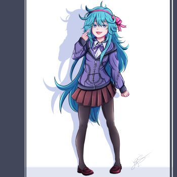 Rule 34 | 1girl, aqua hair, full body, grimms notes, grimms notes gakuen, jacket, long hair, messy hair, princess aurora (gakuen) (grimms notes), princess aurora (grimms notes), purple jacket, smile, solo