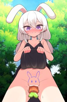 1girl absurdres animal_ears bar_censor black_dress blush breasts carrot censored cleavage closed_mouth clothes_lift commentary_request commission cowboy_shot day do_you_want_to_pet_my_cat_(meme) drawing_on_self drawn_eyes dress dress_lift food_dildo from_below hair_between_eyes hh highres korean_commentary lifting_own_clothes loli long_hair looking_at_viewer meme object_insertion original outdoors purple_eyes pussy pussy_juice rabbit_ears rabbit_girl sleeveless sleeveless_dress small_breasts solo tree twintails vaginal vaginal_object_insertion white_hair