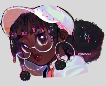 1girl afro_puffs beads brown_eyes commentary cropped_shoulders curly_hair dark-skinned_female dark_skin dreadlocks earrings english_commentary glasses grey_background hair_beads hair_ornament hat highres hoop_earrings jewelry lips looking_at_viewer medium_hair original painterly round_eyewear simple_background solo torurii very_dark_skin white_hat