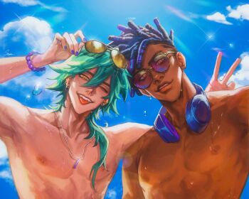 2boys aqua_hair arm_around_shoulder armpits blue_nails bracelet character_request check_character cloud collarbone dark-skinned_male dark_skin day dreadlocks ear_piercing ekko_(league_of_legends) eyewear_on_head ezreal fangs headphones headphones_around_neck heartsteel_ezreal highres jewelry league_of_legends lips looking_at_another male_focus mismatched_eyebrows multiple_boys nail_polish necklace nipples nose one_eye_closed pearl_bracelet piercing round_eyewear sky staryoruu sunlight teeth tinted_eyewear tongue tongue_out upper_body v wet yellow-tinted_eyewear yellow_eyes
