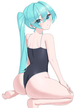 1girl absurdres amaama_(beccyonaika1) aqua_eyes aqua_hair ass barefoot black_one-piece_swimsuit commentary from_behind hands_on_own_knees hatsune_miku highres long_hair looking_at_viewer looking_back one-piece_swimsuit school_swimsuit shoulder_blades simple_background sitting soles solo swimsuit twintails vocaloid wariza white_background