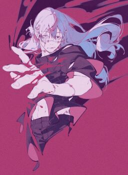 1boy black_eyes black_pants blood blood_on_hands blue_eyes blue_hair commentary cropped_legs cursed_spirit_(jujutsu_kaisen) heterochromia highres jujutsu_kaisen long_hair mahito_(jujutsu_kaisen) male_focus mim_(mimya0600) pants parted_lips red_background solo stitched_arm stitched_face stitched_neck stitches