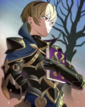 1boy absurdres aristocratic_clothes armor black_armor black_hairband blonde_hair book commission fire_emblem fire_emblem_fates hairband highres kwajia3 leo_(fire_emblem_fates) male_focus nintendo red_eyes solo