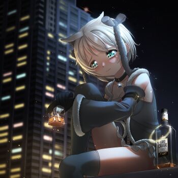 Rule 34 | 2 ru, absurdres, alcohol, apartment, artist name, azusa mifuyu, buckle, building, city, collar, corset, drunk, frills, from below, fur trim, glass, gloves, green eyes, halo, highres, leg up, magia record: mahou shoujo madoka magica gaiden, mahou shoujo madoka magica, night, particles, ribbon, signature, sitting, skindentation, soul gem, sparkle, stars, thighhighs, whiskey, white hair