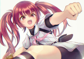 1girl agatsuma_sora baseball_glove baseball_uniform belt belt_pouch bike_shorts bike_shorts_under_skirt black_belt black_shorts cinderella_series clenched_hand hachigatsu_no_cinderella_nine hair_between_eyes highres kneehighs long_hair neckerchief open_mouth pink_neckerchief pouch red_eyes red_hair satogahama_baseball_uniform shirt shorts socks solo sportswear striped_clothes striped_shirt teeth twintails upper_teeth_only vertical-striped_clothes vertical-striped_shirt white_background yupi828