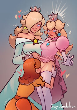 ! !! 3girls :o :p absurdres artist_name assisted_exposure bare_shoulders blonde_hair blue_eyes blush breasts brooch brown_hair closed_mouth clothes_lift commentary crown cunnilingus dress dress_lift earrings elbow_gloves english_commentary english_text eyelashes female_pubic_hair fff_threesome gaydandellion gloves group_sex hair_over_one_eye heart highres jewelry lifting_another's_clothes long_hair long_sleeves mario_(series) medium_breasts medium_hair multiple_girls nintendo off-shoulder_dress off_shoulder open_mouth oral orange_dress pink_dress princess_daisy princess_peach pubic_hair puffy_short_sleeves puffy_sleeves rosalina shimaidon_(sex) short_sleeves siblings simple_background sisters sphere_earrings star_(symbol) star_brooch star_earrings sweatdrop the_super_mario_galaxy_movie thighhighs threesome tongue tongue_out white_gloves white_thighhighs yuri