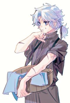 1boy black_ribbon blue_eyes bucket commentary_request fate/grand_order fate_(series) grey_hakama grey_kimono hair_ribbon hakama japanese_clothes kimono laundry low_ponytail ponytail ribbon scar scar_on_arm scar_on_face scar_on_forehead solo tasuki toudou_heisuke_(fate) turtleneck white_background white_hair wooden_bucket yezizizzzz02