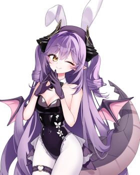 1girl absurdres animal_ears black_bow black_bowtie black_leotard bow bowtie breasts cleavage closed_mouth collar commentary covered_navel cowboy_shot detached_collar double-parted_bangs dragon_girl dragon_horns dragon_tail dragon_wings fake_animal_ears frilled_leotard frilled_thigh_strap frills gloves hair_intakes hands_up heart heart_o-ring highres horns large_breasts leotard long_hair looking_at_viewer o-ring o-ring_thigh_strap own_hands_together pointy_ears purple_gloves purple_hair rabbit_ears sakihane_huya simple_background smile solo split_mouth ssolchi standing steepled_fingers stellive strapless strapless_leotard symbol-only_commentary tail thigh_strap two_side_up very_long_hair virtual_youtuber white_background white_collar wings yellow_eyes