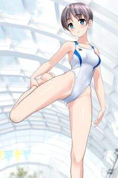 1girl absurdres blue_eyes breasts commentary_request competition_swimsuit covered_navel feet_out_of_frame foot_up glass_ceiling grey_hair highleg highleg_one-piece_swimsuit highres leg_lift looking_at_viewer medium_breasts multicolored_swimsuit one-piece_swimsuit original short_hair solo stretching string_of_flags swimsuit takafumi variant_set white_one-piece_swimsuit