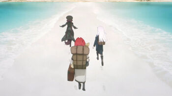 Rule 34 | 3girls, ange katrina, anime screenshot, ankle boots, artist request, backpack, bag, beach, black boots, black coat, black hat, blunt ends, boots, brown bag, brown hair, brown tail, coat, day, dog tail, footprints, from behind, group picture, hat, highres, holding, holding suitcase, inui toko, isthmus, lize helesta, long hair, long sleeves, low twintails, multiple girls, nijisanji, ocean, official alternate costume, official art, outdoors, page of lambda, red hair, sanbaka (nijisanji), second-party source, shore, suitcase, tail, tail under clothes, twintails, very long hair, virtual youtuber, walking, white coat, white hair