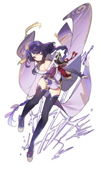 1girl alnyak armor blue_pupils blunt_bangs braid breasts bridal_gauntlets cleavage commentary_request electricity floating full_body genshin_impact hair_ornament head_tilt highres huge_breasts japanese_clothes kimono korean_commentary lingerie long_braid looking_at_viewer mole mole_under_eye multicolored_eyes multicolored_hair neck_ribbon off_shoulder purple_eyes purple_hair purple_kimono purple_thighhighs raiden_shogun red_ribbon red_sash ribbon sash shoulder_armor simple_background single_braid solo thighhighs underwear white_background