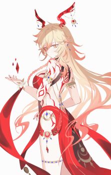 1girl alternate_species antler_ornament antlers arm_tattoo armlet back_tattoo backless_dress backless_outfit bare_shoulders blonde_hair braid breasts closed_mouth cosplay cowboy_shot crystal deer_antlers dress expressionless facial_tattoo floating floating_object genderswap genderswap_(mtf) genshin_impact gold_armlet hair_between_eyes hand_up hashtag-only_commentary highres honkai:_star_rail honkai_(series) horns jewelry large_breasts lauma_(genshin_impact) lauma_(genshin_impact)_(cosplay) long_hair looking_at_viewer looking_back mihoyo mydei_(honkai:_star_rail) nail_polish pointy_ears red_dress red_nails red_tattoo side_braid simple_background single_braid sleeveless sleeveless_dress solo tattoo very_long_hair white_background yellow_eyes yigenzhen26389