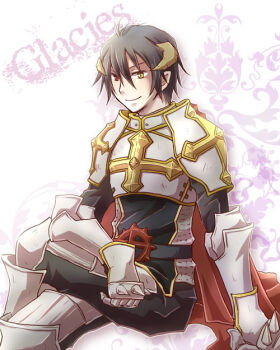 1boy armor belt black_belt black_hair black_tabard breastplate brown_horns cape chainmail chiya_(beastbeast) closed_mouth commentary_request cross cross_of_prontera crossed_legs feet_out_of_frame hair_between_eyes heterochromia horns leg_armor looking_at_viewer lord_knight_(ragnarok_online) male_focus pauldrons ragnarok_online red_cape red_eyes short_hair shoulder_armor sitting smile solo spiked_gauntlets tabard yellow_eyes