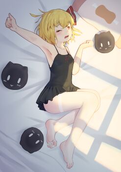 1girl absurdres alternate_costume armpits bed_sheet blonde_hair cat-shaped_pillow chemise commentary_request embodiment_of_scarlet_devil feet from_above hair_ribbon highres legs littiecy on_bed one_eye_closed pantyhose pillow presenting_armpit red_eyes ribbon rumia short_hair solo spaghetti_strap stretching sunlight touhou white_pantyhose yawning