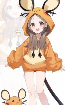 +++ 1girl :d absurdres brown_eyes brown_hair cocokawa_(cjsj8353) commentary_request crossover dedenne eyelashes gakuen_idolmaster gen_6_pokemon happy highres hood hood_up hoodie idolmaster knees kuramoto_china long_hair long_sleeves looking_at_viewer naked_hoodie nintendo open_mouth pokemon pokemon_(creature) sleeves_past_wrists smile teeth upper_teeth_only