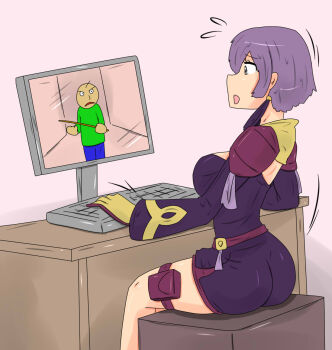 baldi baldi's_basics_in_education_and_learning bernadetta_von_varley computer earrings fire_emblem fire_emblem:_three_houses game_console gameplay gloves highres horrified jewelry nintendo pc_engine ruler tikoriko