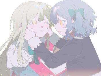 Rule 34 | 1088888888, 2girls, aged down, bang dream!, bang dream! it's mygo!!!!!, blue dress, blue hair, cheek pull, chinese commentary, commentary request, dress, green hair, guitar, hair ribbon, highres, holding, holding guitar, holding instrument, instrument, long hair, long sleeves, looking at another, multiple girls, one eye closed, open mouth, parted lips, ribbon, sidelocks, simple background, togawa sakiko, two side up, upper body, wakaba mutsumi, white background, yellow eyes