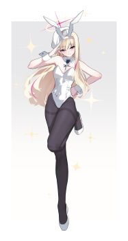 1girl absurdres animal_ear_hairband animal_ears arume_ad bare_shoulders beret black_pantyhose blonde_hair blonde_student_council_president_(blue_archive) blue_archive blush breasts cleavage collar commentary covered_navel detached_collar fake_animal_ears full_body gradient_background hairband halo hand_on_own_hip hat highleg highleg_leotard highres leg_up leotard long_hair looking_at_viewer medal multicolored_hair multicolored_halo pantyhose pink_streaks playboy_bunny purple_eyes rabbit_ear_hairband rabbit_ears red_halo salute shoes small_breasts smile solo sparkle sparkling_aura standing standing_on_one_leg strapless strapless_leotard streaked_hair tiptoes two-tone_halo untranslatable_commentary white_collar white_hat white_leotard white_shoes white_wrist_cuffs wrist_cuffs yellow_halo