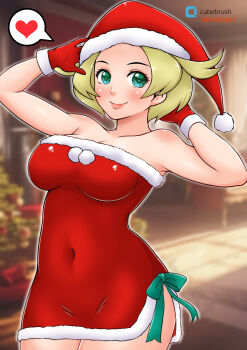 1girl adjusting_clothes adjusting_headwear bianca_(pokemon) blonde_hair blush bow breasts ceiling christmas christmas_tree cleavage collarbone curtains dress fur-trimmed_dress fur-trimmed_headwear fur_trim gloves green_bow green_eyes hat heart instrument large_breasts looking_at_viewer misune_art nintendo piano pokemon pokemon_bw pom_pom_(clothes) red_dress red_gloves red_hair santa_costume santa_dress santa_hat short_hair smile speech_bubble spoken_heart standing strapless strapless_dress tree window