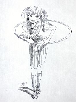 1girl akebi-chan_no_serafuku bare_arms blush collared_shirt full_body hair_over_shoulder highres hiro_(dismaless) holding holding_toy hoop hula_hoop kizaki_erika kneehighs loafers long_hair looking_at_viewer monochrome neck_ribbon pleated_skirt ribbon shadow shirt shoes signature simple_background skirt sleeveless sleeveless_sweater smile socks solo sweater swept_bangs teeth toy two_side_up white_background