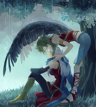 2girls bare_shoulders black_gloves black_pantyhose black_wings blue_scarf boots bracelet breasts brown_boots closed_eyes commentary commission denim dress elbow_gloves english_commentary feathered_wings fingerless_gloves fire_emblem fire_emblem:_radiant_dawn full_body fusenryo gladiator_sandals gloves green_hair hair_ribbon hands_in_another's_hair highres jeans jewelry kiss kissing_forehead laguz_(fire_emblem) long_hair looking_at_another medium_breasts messy_hair micaiah_(fire_emblem) multiple_girls nintendo on_floor outdoors pants pantyhose rain red_shirt ribbon sandals scarf second-party_source shirt sitting sleeveless sleeveless_dress sleeveless_shirt smile tree vika_(fire_emblem) white_hair wings yellow_eyes yuri