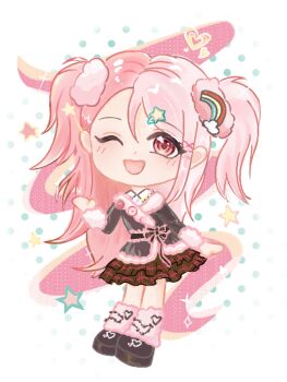 1girl badge bead_necklace beads black_bow black_jacket black_shoes black_skirt bow brown_eyes chibi chinese_commentary collared_shirt commentary_request dot_nose eyelashes fanluoxingchen63912 frilled_bow frills fur-trimmed_jacket fur-trimmed_sleeves fur_trim gyaru hair_between_eyes hair_ornament hair_scrunchie hairclip hand_up happy infinity_nikki jacket jewelry leg_warmers light_blush loafers long_hair long_sleeves miniskirt multicolored_hair necklace nikki_(series) one_eye_closed open_mouth pink_hair pink_leg_warmers pink_scrunchie plaid_clothes plaid_skirt platform_shoes pleated_skirt polka_dot polka_dot_background rainbow_hair_ornament rosie_sweetheart_(infinity_nikki) scrunchie shirt shoes skirt smile solo split-color_hair standing star_(symbol) star_hair_ornament two_side_up very_long_hair waist_bow white_background white_shirt wink_star x_hair_ornament y2k_fashion