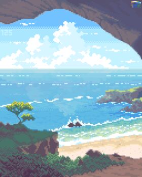 Rule 34 | absurdres, blue sky, cave, cloud, cloudy sky, highres, horizon, ocean, original, pixel art, plant, sapling, scenery, sky, summer, tomoruka mr, tree, water