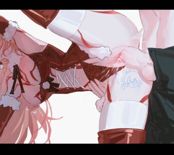 1boy 1girl antenna_hair blonde_hair breasts christmas elbow_gloves genderswap genderswap_(mtf) gloves gradient_hair hashtag-only_commentary hetero honkai:_star_rail honkai_(series) lingerie long_hair medium_breasts multicolored_hair mydei_(honkai:_star_rail) open_fly phainon_(honkai:_star_rail) red_gloves red_hair sex short_hair topless_male tydjd071 underwear vaginal