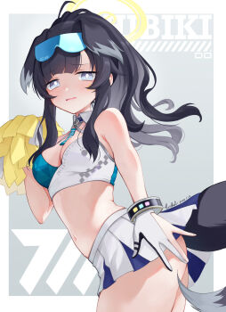 1girl animal_ears black_hair blue_archive blue_eyes blush bracelet breasts character_name cheerleader cleavage commentary_request dated dog_ears dog_girl dog_tail encheru_(th-sto) gloves goggles goggles_on_head halo hibiki_(blue_archive) hibiki_(cheer_squad)_(blue_archive) highres holding holding_pom_poms jewelry long_hair looking_at_viewer medium_breasts millennium_cheerleader_outfit_(blue_archive) millennium_science_school_logo navel no_panties official_alternate_costume partially_fingerless_gloves pom_pom_(cheerleading) pom_poms signature skirt solo tail white_skirt yellow_halo