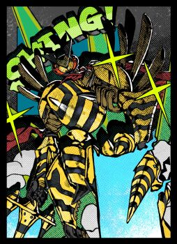 Rule 34 | armor, black armor, black border, blue background, bly mead, border, bug, commentary, cowboy shot, digimon, digimon (creature), dual wielding, energy blade, grey background, highres, holding, holding weapon, looking at viewer, red eyes, red scarf, scarf, sound effects, sparkle, untranslatable commentary, tigervespamon, weapon, yellow armor