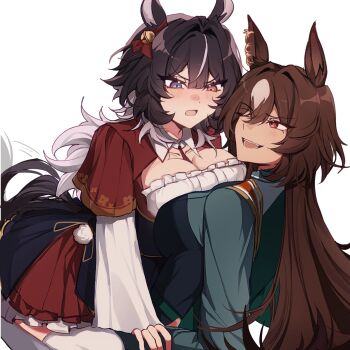 Rule 34 | 2girls, absurdres, animal ears, artist self-insert, bell, breast press, breasts, brown hair, cleavage, ear ornament, green jacket, green pants, heterochromia, highres, horse ears, horse girl, horse tail, jacket, jenn (sinclairfan1), large breasts, multicolored hair, multiple girls, oc x canon, one eye closed, pants, sirius symboli (feroce) (umamusume), sirius symboli (umamusume), streaked hair, symmetrical docking, tail, umamusume, white hair, yuri