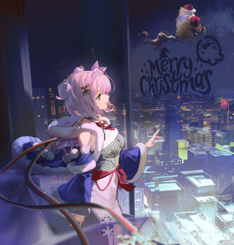 Rule 34 | 1girl, absurdres, arknights, bell, blue capelet, bow, bowtie, breasts, capelet, christmas, city lights, cityscape, condensation, detached sleeves, double bun, dress, facial mark, from side, fur-trimmed capelet, fur-trimmed dress, fur-trimmed sleeves, fur trim, glass writing, hair bun, hairband, hat, highres, medium breasts, medium hair, merry christmas, neck bell, night, official alternate costume, pink hair, profile, pudding (arknights), pudding (gleaming fey) (arknights), purple eyes, purple hairband, reindeer, ribbon, santa costume, santa dress, santa hat, seal (animal), seal girl, short dress, side up bun, snowflake ornament, snowflakes, solo, strapless, strapless dress, whisker markings, zheshe jing