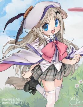 Rule 34 | 1girl, animal ears, bat hair ornament, blue eyes, bow, cape, dog ears, fang, girutea, grey skirt, hair ornament, hat, highres, little busters!, little busters! school uniform, long hair, noumi kudryavka, pink bow, plaid clothes, plaid skirt, school uniform, shirt, skirt, solo, tail, thighhighs, white shirt, white thighhighs