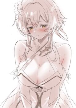 1girl alternate_breast_size_(larger) bare_shoulders blush breasts cleavage closed_mouth cobra_(cobra_63) commentary_request dress flower genshin_impact hair_between_eyes hair_flower hair_ornament highres large_breasts looking_at_viewer lumine_(genshin_impact) short_hair_with_long_locks simple_background sketch sleeveless sleeveless_dress solo upper_body white_background yellow_eyes