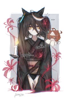 2girls agnes_tachyon_(umamusume) alternate_costume alternate_hairstyle animal_ears black_hair black_kimono blush brown_hair commentary doktahzaki english_commentary floral_print ghost_costume hair_between_eyes hairband highres horse_ears horse_girl japanese_clothes kimono long_bangs long_hair looking_at_another manhattan_cafe_(umamusume) multiple_girls own_hands_together red_eyes robe short_hair sidelocks sleeves_past_fingers sleeves_past_wrists spider_lily_print sweatdrop twintails umamusume white_hairband white_robe yellow_eyes