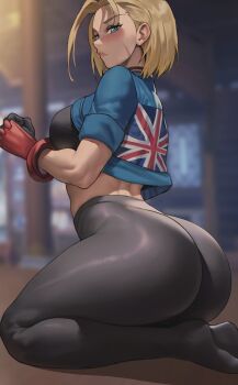 1girl ass blonde_hair blurry blurry_background blush breasts cammy_white closed_mouth commentary gloves highres huge_ass lips looking_at_viewer medium_breasts midriff pantyhose patreon_username red_gloves scar scar_on_face shexyo short_hair sitting solo street_fighter street_fighter_6 union_jack wariza