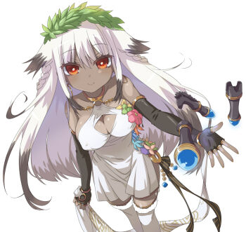 1girl animal_ears bare_shoulders black_gloves blue_flower blush braid breasts brown_eyes cleavage closed_mouth collarbone colored_skin covered_erect_nipples dress elbow_gloves fingerless_gloves flower from_above gloves green_flower grey_skin hair_between_eyes holding_sash kananpuu large_breasts leaf long_hair looking_at_viewer multicolored_hair open_hand outstretched_arm pelvic_curtain pink_flower sangokushi_taisen sash sidelocks simple_background smile solo spread_fingers standing thighhighs two-tone_hair very_long_hair wazawogi_(wzog) white_dress white_hair white_thighhighs