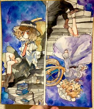 2girls astrolabe black_hat black_skirt book boots bow brown_eyes brown_hair brown_shoes closed_mouth commentary_request cup dress expressionless fedora full_body grey_boots hat hat_bow highres long_sleeves maribel_hearn mob_cap multiple_girls necktie pocket_watch purple_dress red_necktie rotational_symmetry shikishi shinjitsu_no_kuchi shirt shoes short_hair sitting sitting_on_stairs skirt stairs standing teacup touhou usami_renko watch white_bow white_hat white_shirt